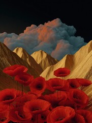 Landscape photograph of a mountain range with a large group of red poppies in the foreground. the sky is filled with a beautiful orange and pink cloud that appears to be floating above the mountains.