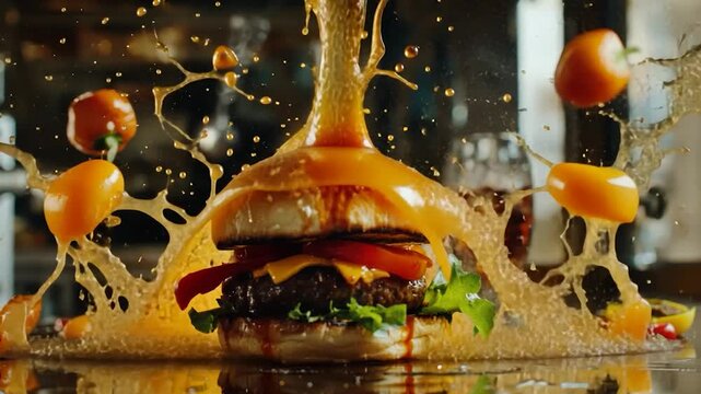 A juicy burger explodes with a vibrant liquid splash
