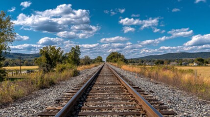 Fototapeta premium A long stretch of railroad tracks disappearing into the distance under a clear blue sky, with a rural landscape on either side