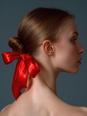 Close-up portrait of a young woman's neck and upper body. she is facing away from the camera, with her head turned slightly to the side.