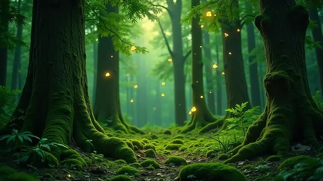 Enchanting forest path with glowing fireflies and lush mossy trees, evoking magic and wonder