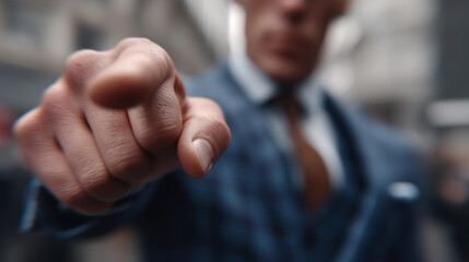 Businessman Pointing Directly at Camera in Assertive Gesture, Focus on Hand