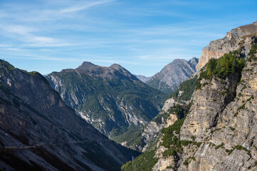 autumnal mountain landscape inside the Stelvio National Park along the Lombard side, Sondrio, Italy