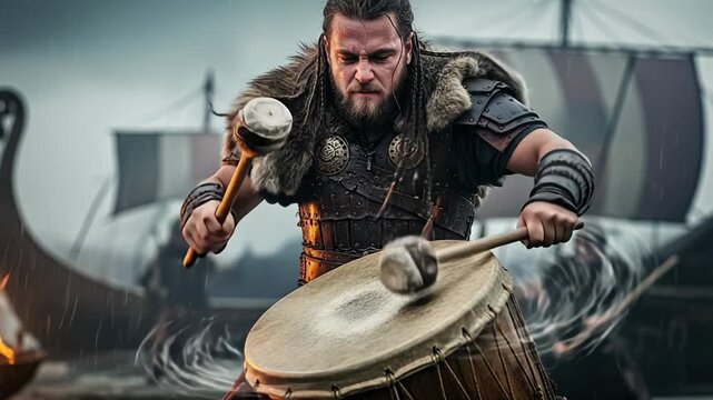 Viking drummer showcases powerful rhythm creating intense atmosphere on the battlefield