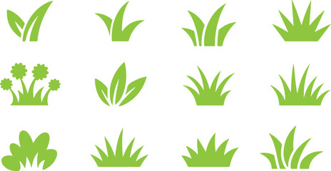 Fresh Green Grass Icon Set &ndash; Isolated Spring Grass Tufts on White Background

