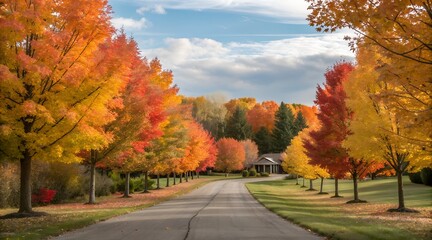 Colorful autumn leaves line a winding park road, vibrant yellow and red foliage against a clear sky