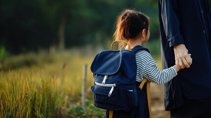 Fototapeta premium child with school backpack is holding hands mother's
