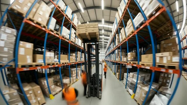 Busy warehouse in time lapse showing forklift operations and pallet movements from fisheye perspective