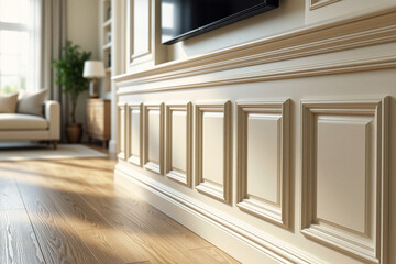 A detailed, close-up shot showcases elegant beige paneling with recessed squares within a modern living room setting.