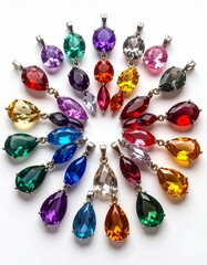 A vibrant assortment of colorful gemstones arranged in a circular pattern, showcasing their unique cuts and rich hues.