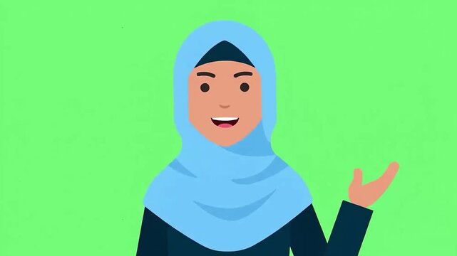 A cartoon woman with a surprised expression wears a light blue hijab against a green background