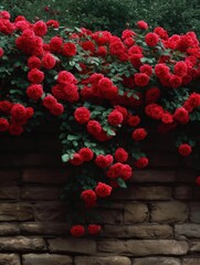 Large group of red roses growing on a brick wall. the roses are in full bloom and are cascading down the wall in a cascading manner.