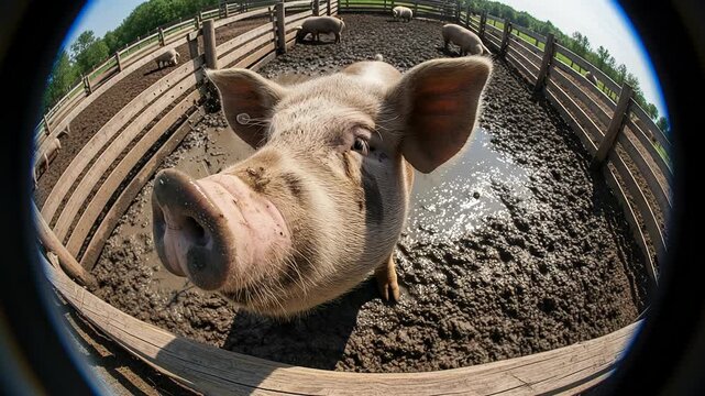 Pig's snout twitches and mouth opens for an oink amidst muddy surroundings in a sunny farmyard setting