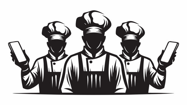 Three chefs in uniform holding smartphones in a black and white vector illustration style design work silhouette