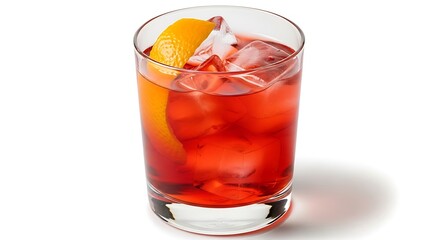 Refreshing red cocktail with ice and orange garnish in a tall glass