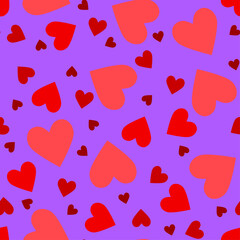 seamless pattern of red hearts of different sizes on a purple background.Close-up, isolated.eps