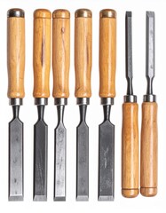 A collection of seven wood chisels with wooden handles, perfect for various carpentry and woodworking projects.
