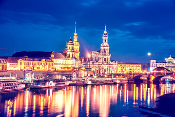 Naklejka premium The picturesque view of old Dresden over the river Elbe in evening. Saxony, Germany, Europe.