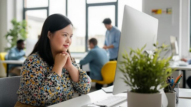 Office worker with Down syndrome excels in a vibrant and diverse workspace while typing on a computer