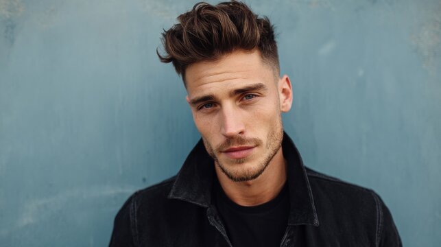 A man with a fade haircut and a stylish quiff, looking confidently at the camera, showcasing a trendy and contemporary hairstyle with sharp lines.