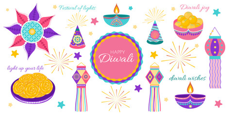 Diwali celebration set with rangoli, lamps, lanterns, diyas, firecrackers and sweets jalebi, laddoo in flat style. Deepavali vector design for banners, posters and social media content