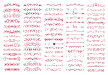 Collection of hand drawn wedding dividers. Vector calligraphic lines, vintage borders and floral laurels. Vector isolated flourish ink elements.