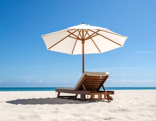 Beach chair and umbrella on white sand