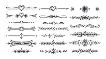 Collection of hand drawn wedding dividers. Vector calligraphic lines, vintage borders and floral laurels. Vector isolated flourish ink elements.
