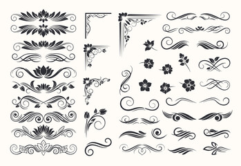 hand drawing doodle page decoration, set of vintage elements. Victorian ornate border