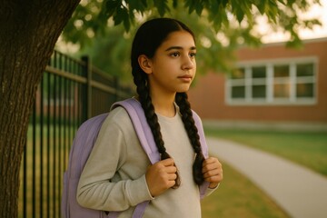 middle eastern girl with braids and lilac backpack standing under tree looking away thoughtful expression back to school concept of identity calm childhood