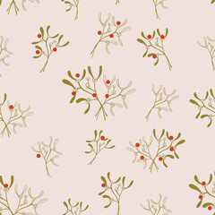 Christmas vector seamless pattern in pastel vintage colors with mistletoe for wrapping paper