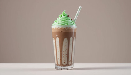 Creamy chocolate milkshake topped with vibrant green whipped cream, served in tall glass with striped straw. This delightful treat is perfect for warm days and brings sense of joy