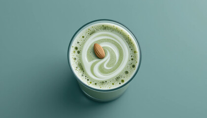 Creamy green beverage topped with almond, showcasing smooth swirl pattern. This refreshing drink is perfect for health enthusiasts and adds touch of elegance to any setting