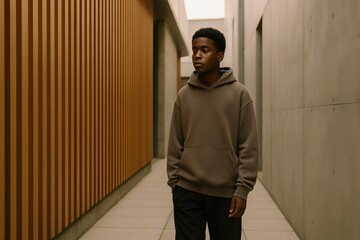 black teenage boy walking through narrow school passage with wooden slats concrete walls looking away back to school concept of space youth architecture