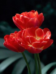 Close-up of three red tulips. the tulips are in full bloom, with their petals open wide and their vibrant red color standing out against the dark background.