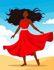 Serene Beauty in Nature: Elegant Woman in Flowing Red Dress