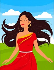 Serene Beauty in Nature: Elegant Woman in Flowing Red Dress