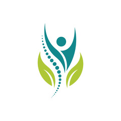 Naklejka premium Wellness and Chiropractic Logo Design – Human Spine with Leaves for Holistic Health and Natural Therapy Branding