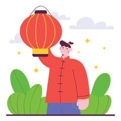A person in traditional chinese attire holds a red lantern celebrating a festive occasion with stylized plants and stars