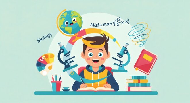 Happy pupil learning biology, math, geography and art, studying and preparing for school exams