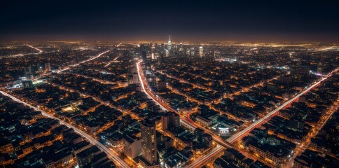 Los Angeles skyline illuminating night with vibrant lights and busy streets