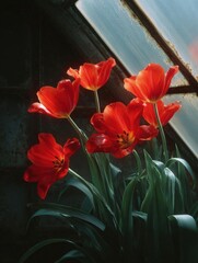 Close-up of a group of red tulips in a vase. the tulips are in full bloom, with their petals open wide and their vibrant red color standing out against the dark background.