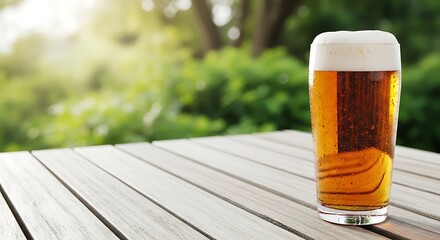 Tall glass of refreshing amber beer with frothy head on a wooden table outdoors