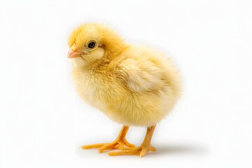 A cute yellow chick under bright studio light, showing fluffy feathers and lively features.