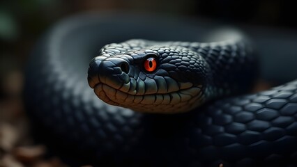 Obraz premium Close-Up of a Viper Snake: Dark Scales and Piercing Red Eyes