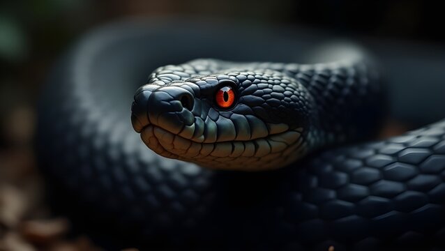 Close-Up of a Viper Snake: Dark Scales and Piercing Red Eyes