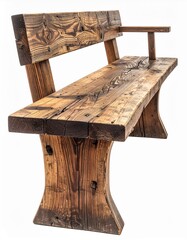 A rustic wooden bench showcasing intricate grain patterns and sturdy design, perfect for outdoor settings or park spaces.