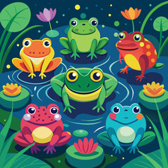 Obraz premium Cute cartoon animal set with a smiling frog and colorful nature illustrations