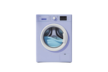 Modern Light Purple Washing Machine with Blue Clothes Inside on Transparent Background