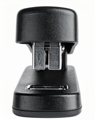 Close-up of a sleek black stapler, ideal for office and workspace themes, enhancing productivity and organization.